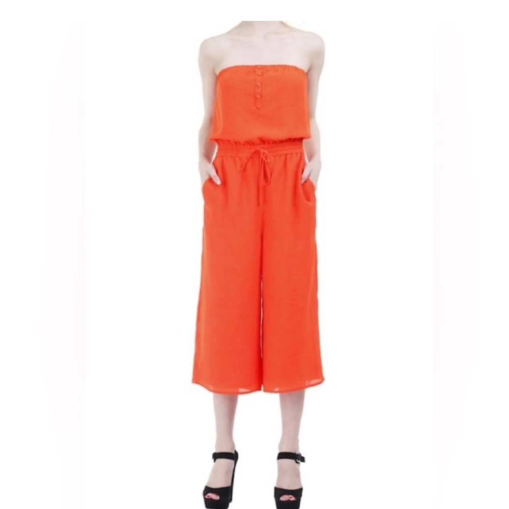 Tangerine strapless jumpsuit with pockets